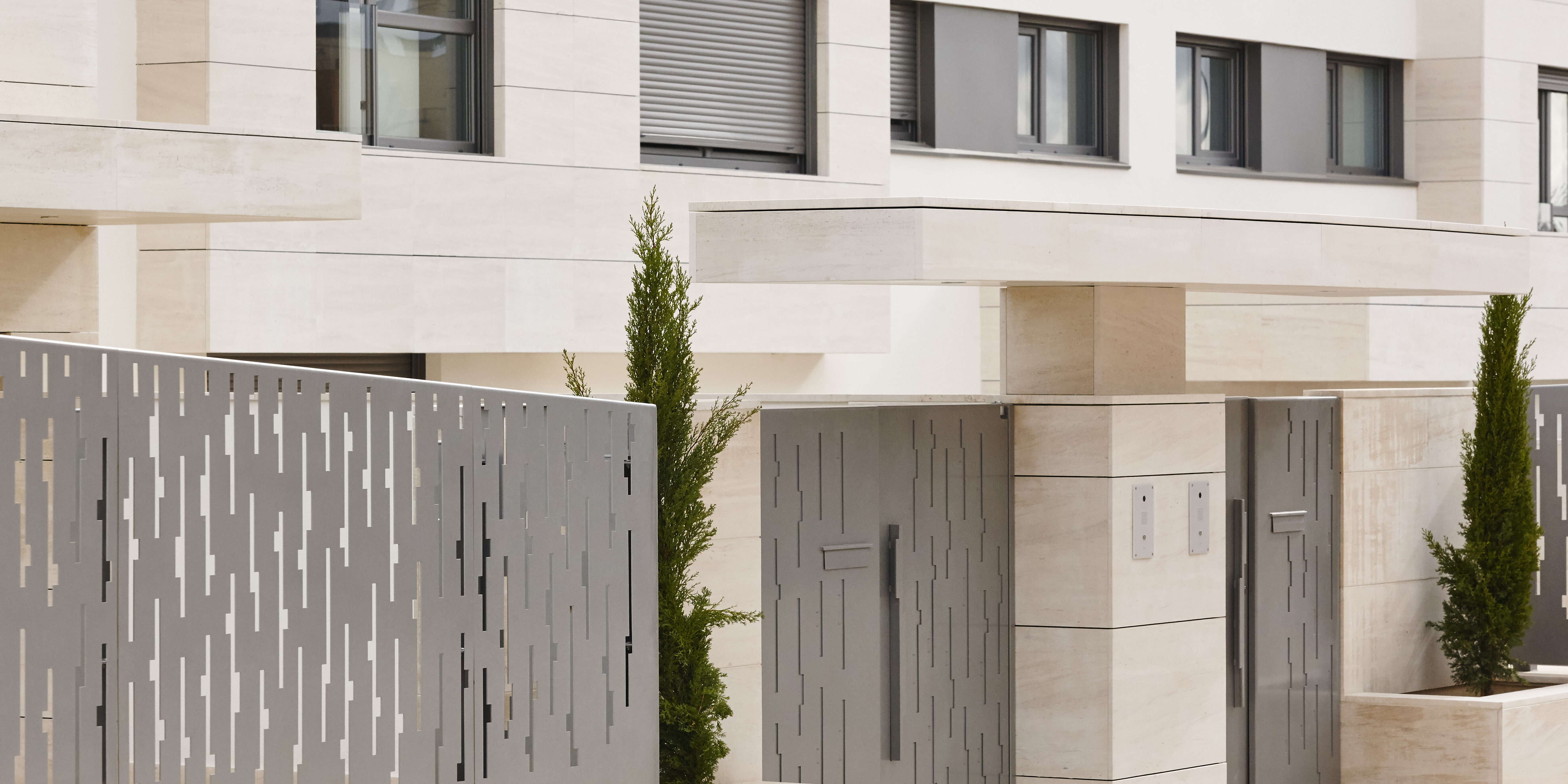 Modern residential building entrance. Estate property. Marble st